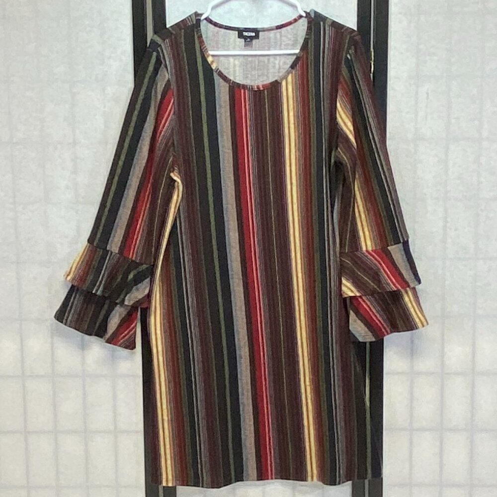 Tacera Black Burgundy Gold Striped Knit Fleece Shift Dress L Bell Sleeve Retro